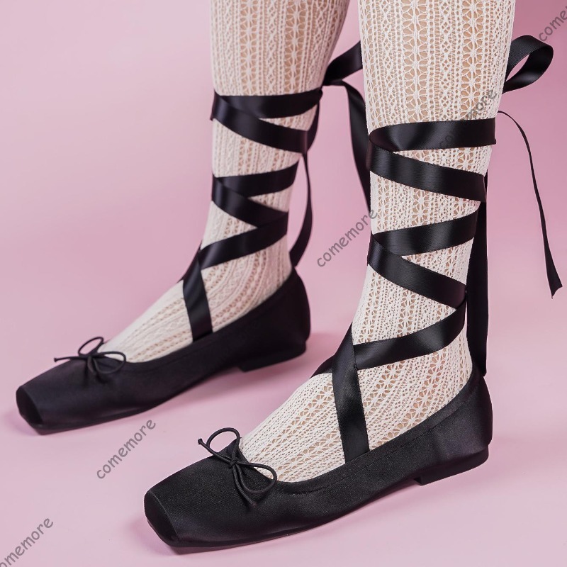Women'S Fashion Footwear - 여성용 새틴 리본 타이 발레 플랫