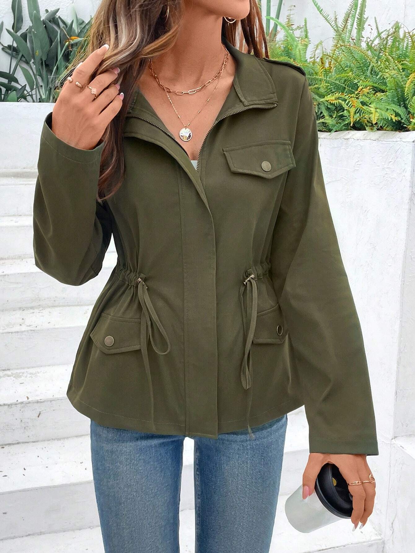 여성용 드로스트링 허리 유틸리티 재킷 스탠드 라펠 칼라 - Women'S Fashion Utility Jacket 리뷰 및 가격