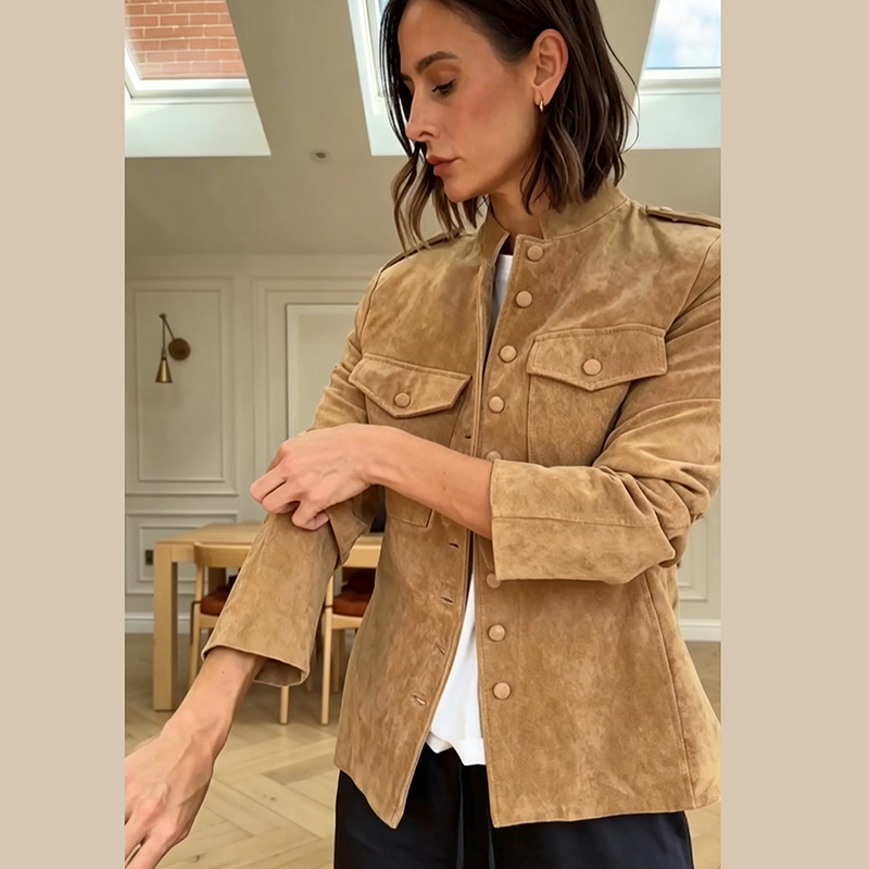 여성용 인조 스웨이드 크롭 재킷 스탠드 칼라 풀 버튼  - Women'S Fashion Utility Jacket 리뷰 및 가격