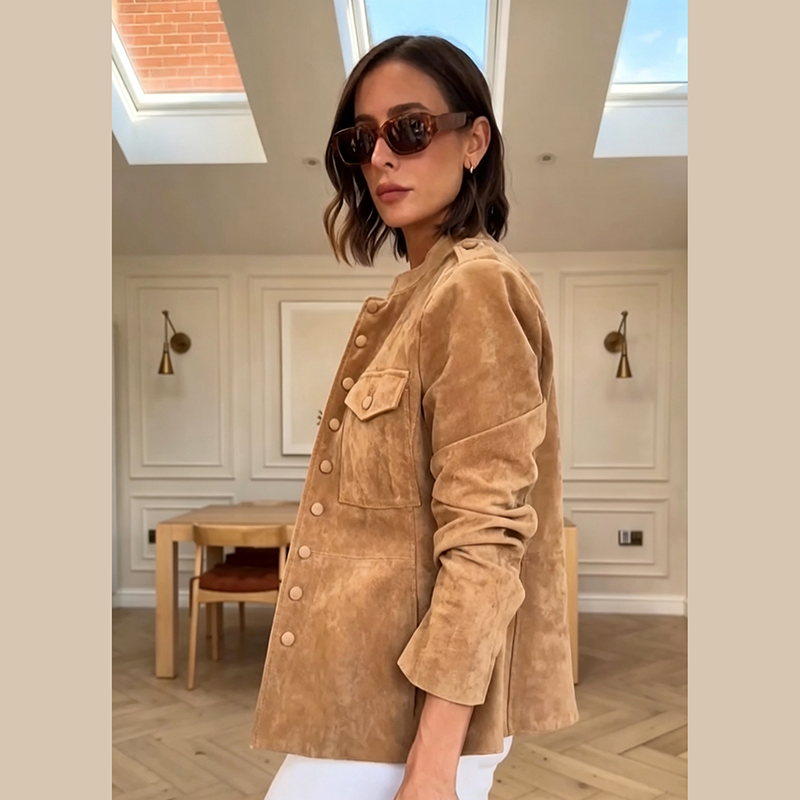 여성용 인조 스웨이드 크롭 재킷 스탠드 칼라 풀 버튼  - Women'S Fashion Utility Jacket 리뷰 및 가격