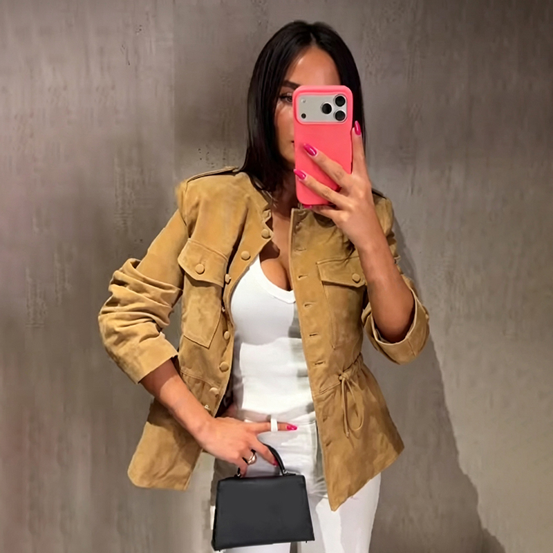 여성용 인조 스웨이드 크롭 재킷 스탠드 칼라 풀 버튼  - Women'S Fashion Utility Jacket 리뷰 및 가격