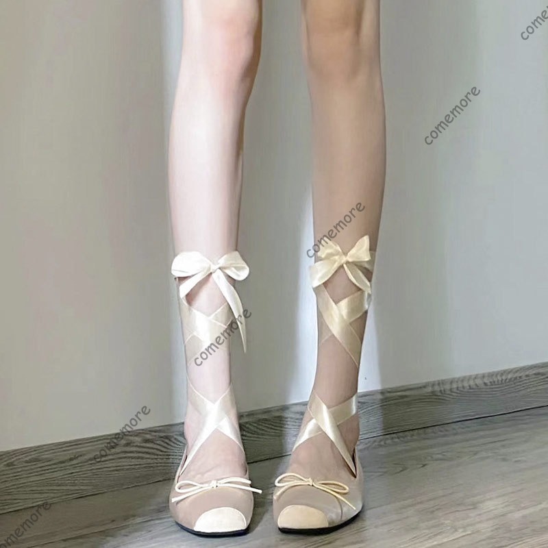 여성용 새틴 리본 타이 발레 플랫 스퀘어 토 앵클 랩  - Women'S Fashion Footwear 리뷰 및 가격