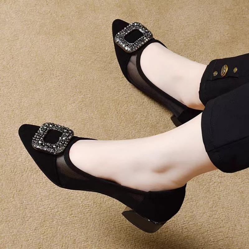 우아한 포인티드 토 메쉬 블록 힐 펌프스, 라인스톤 사 - Women'S Fashion Footwear 리뷰 및 가격